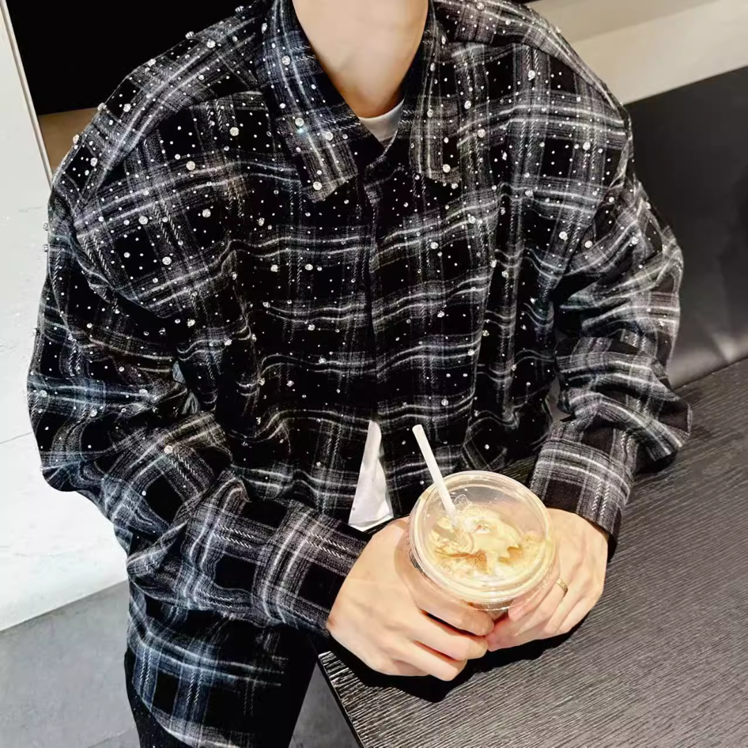 Xyero Rhinestone Plaid Long Sleeve Shirt Jacket