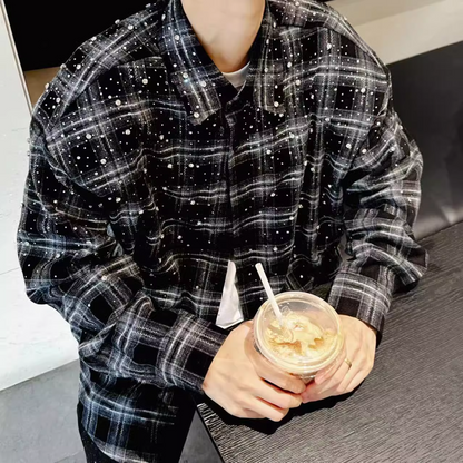 Xyero Rhinestone Plaid Long Sleeve Shirt Jacket
